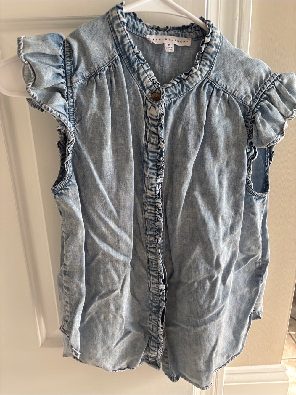 Jane and Delancey Light Blue Ruffle Sleeve Denim Top